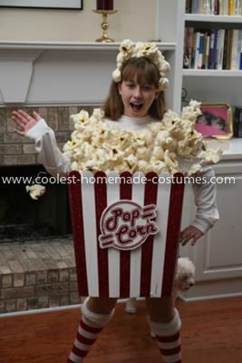 Coolest Girl's Popcorn Costume: I’d like to share with you Alexis’ Coolest Popcorn Costume, a costume we made with the help of Coolest-Homemade-Costumes.com.  Originally, we tried to Popcorn Costume Diy, Popcorn Halloween Costume, Homemade Costumes For Kids, Popcorn Costume, Sew Halloween Costume, Diy Popcorn, Homemade Popcorn, Food Costumes, Homemade Costume