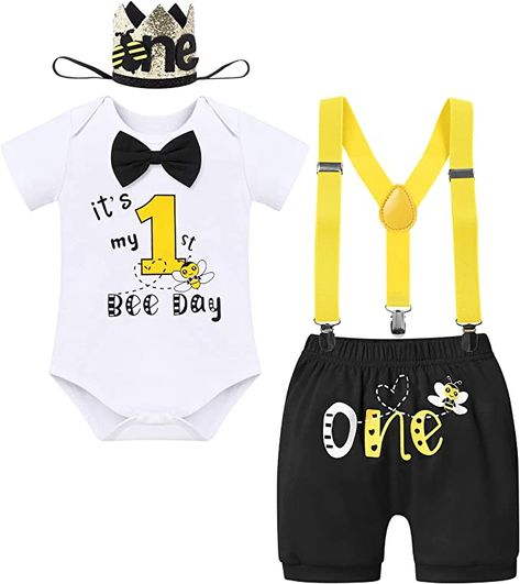 Bee 1st Birthday Party Boy, 1st Bee Day, Photo Shoot Outfits, Bee Outfit, Baby Shower Clothes, Cake Smash Outfit Boy, Birthday Clothes, Bee Day, Romper Designs