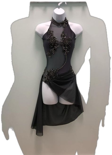 Contemp Dance Costume, Dance Outfits Competition, Black Lyrical Dance Costumes, Lyrical Dance Costumes Solo, Dance Performance Outfits, Black Dance Costumes, Baton Twirling Costumes, Solo Dance Costumes, Pretty Dance Costumes