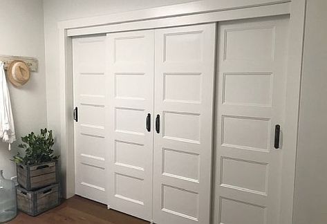 Whole Wall Closet Doors, White Closet Doors Modern, Bedroom Closet Bypass Doors, 8ft Wide Closet Doors, Diy Large Closet Doors, Large Basement Closet, Large Wall Closet, Sliding Bypass Closet Doors, Doors For Wide Closet Opening