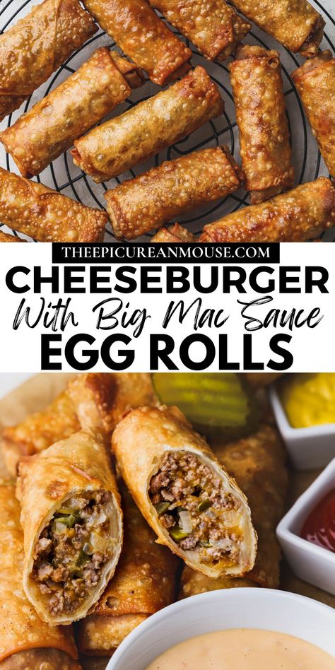 Bacon Cheese Burger Egg Rolls, Meatball Egg Rolls, Best Takeout Food, Cheeseburger Egg Roll Recipes, Cajun Chicken Egg Rolls, Unique Eggroll Recipe, Best Fried Food Recipes, Diy Fast Food Recipes, Big Mac Wontons