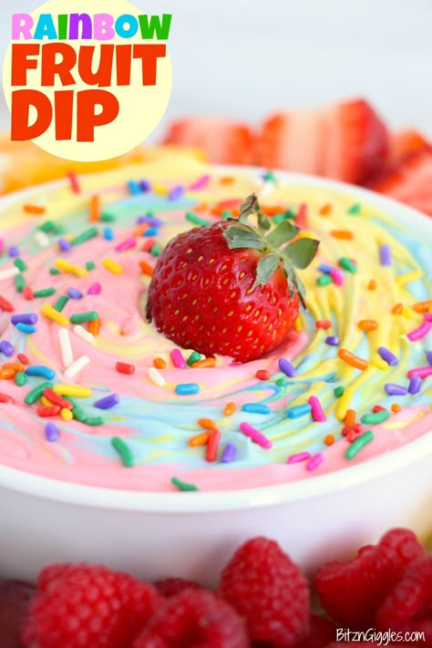 Rainbow Fruit Dip - A gorgeous pink lemonade rainbow swirl dip that pairs perfectly with fruit or graham crackers. #bitzngiggles #fruit #dip #rainbow #sprinkles Easy Birthday Party Snacks, Birthday Party Snacks For Kids, Party Snacks For Kids, Sweet Dips Recipes, Rainbow Snacks, Simply Lemonade, Oreo Pudding, Rainbow Treats, Mint Oreo