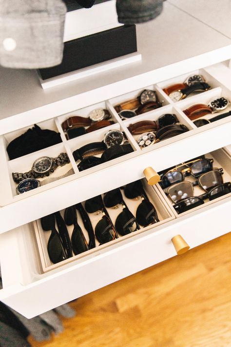 Master Closet Reveal: Our His & Hers Closet Sunglasses Organization, Elfa System, Mens Closet Organization, Wardrobe Management, Organizing Room, Minimalistic Room, Organiser Son Dressing, Closet Organisation, Wardrobe Organization