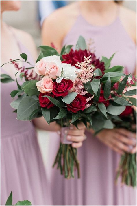 Burgundy Pink Wedding Flowers, Burgundy Blush And Sage Bouquet, Rosewood Flower Bouquet, Red And Blush Bouquet, Red Pink White Green Bouquet, Red And Pink Bridesmaid Bouquet, Blush Burgundy Bouquet, Bridesmaid Bouquet Red, Blush And Burgundy Bouquet