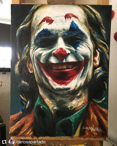 #Repost @carlosapartado • • • • • • Oil on Canvas. Joker. Finished.  #JokerLovers #JoaquinPhoenix #Joker #Jokermovie #ToddPhillips… Drawing Joker, New Joker Movie, Joker Drawing, New Joker, Joker Canvas, Joker Painting, Batman Joker Wallpaper, Joker Movie, Joker Drawings