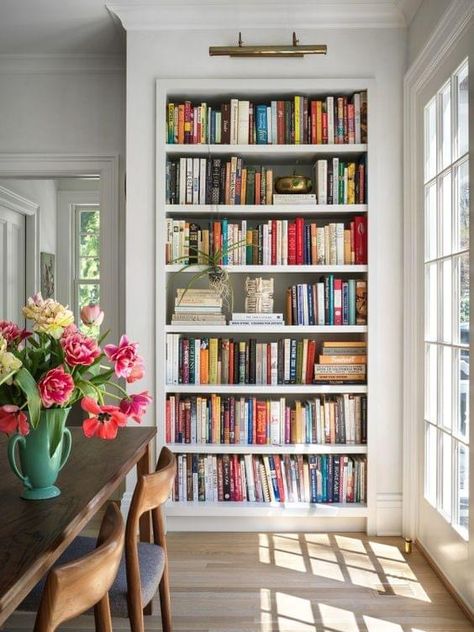 Country Club Home Decor, Full Wall Shelving, Hallway Bookshelf, Home Styles Types Of Interior, Kitchen Bookshelves, Wall Of Bookshelves, Bookshelves Inspiration, Preppy Home, Cozy Reading Chair