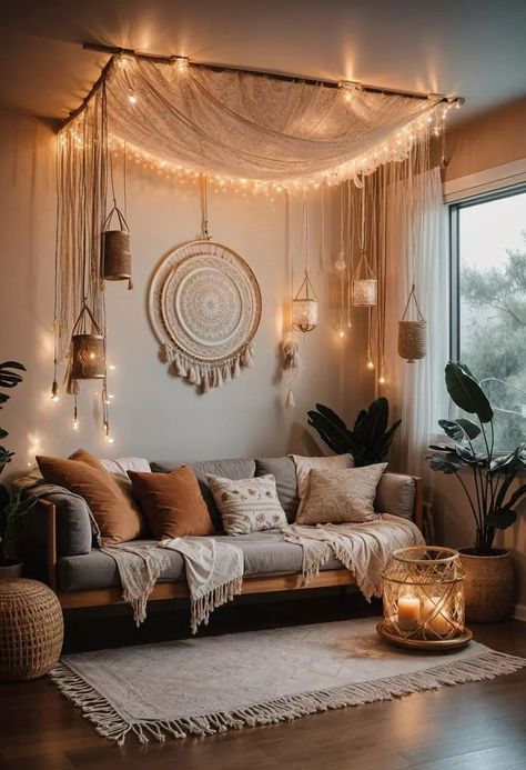 Natural Glam Interior Design, Orange Boho Living Room, Sala Zen, Boho Fans, Cozy Bohemian Living Room, Boho Corner, Boho Living Room Inspiration, Cozy Eclectic, Boho Style Home