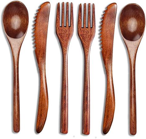 Amazon.com | 6 Pcs Wooden Spoon Fork Cutlery Set Flatware 9 Inch Travel Flatware Set Include Wood Fork Camping Spoon Knife Reusable Silverware: Flatware Sets Wooden Flatware, Travel Utensils, Wooden Tableware, Wooden Fork, Wooden Knife, Wooden Cutlery, Flatware Storage, Wood Utensils, Spoon Knife