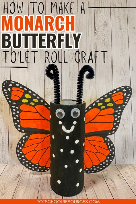 Use a toilet paper roll and some paper butterfly wings to make this beautiful monarch butterfly craft for kids. Toilet Paper Roll Butterflies, Monarch Butterfly Craft Preschool, Monarch Butterfly Birthday Party, Monarch Butterfly Craft, Butterfly Crafts For Kids, Butterfly Crafts Preschool, Paper Butterfly Crafts, How To Make Butterfly, Roll Craft