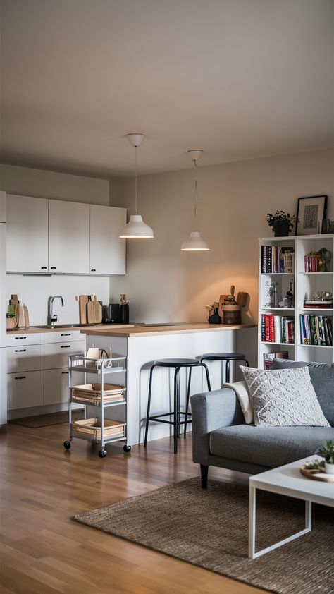 Discover the beauty of a minimalist living room that seamlessly blends with an IKEA-style kitchen! This inviting space features sleek white cabinets, a cozy gray LIDHULT sofa, and a compact island that doubles as a breakfast bar. The BILLY bookcase adds charm with cookbooks and decorative items, while a RÅSKOG utility cart brings extra storage and personality. Soft pendant lighting creates a warm atmosphere perfect for relaxation or entertaining. Ready to transform your home? Explore more inspiring ideas now! #MinimalistLiving #IKEAStyle #OpenPlanDesign #HomeDecor #CozyInteriors #FunctionalSpaces #InteriorInspo Ikea Cart Living Room, Ikea Inspired Kitchen, Billy Bookcase, Minimalist Living, Extra Storage, White Cabinets, Minimalist Living Room, Open Plan, Kitchen Styling