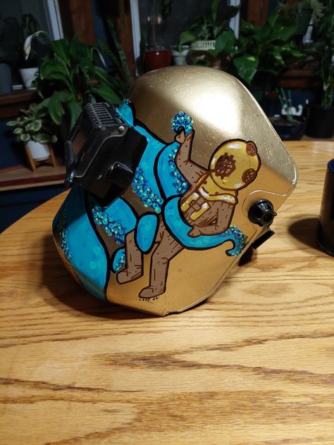 Acrylics and paint markers with clear coat. Painted Welding Helmet, Welding Helmet Designs, Sign Painting Lettering, Welding Helmet, Helmet Design, Painted Letters, Gaming Mouse, Paint Markers, Painted Signs