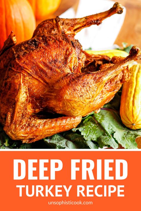 Deep Fried Turkey -- an amazing deep fried turkey recipe that turned me from a turkey hater to a TURKEY LOVER... This fried turkey recipe turns out tender, juicy, and flavorful EVERY TIME (thanks to an easy fried turkey rub + peanut oil), AND the cooking time is trimmed to under an hour in an electric fryer! | fried turkey seasoning | deep fried turkey seasoning | deep fried turkey breast #turkey #turkeyrubrecipe #turkeyrecipesthankgiving #friedturkey #thanksgiving #thanksgivingrecipes Deep Fry Turkey Seasoning, Deep Fried Turkey Injection, Deep Fried Turkey Recipes, Turkey Rub Recipes, Turkey Marinade, Turkey Seasoning, Fried Turkey Recipes, Deep Fried Turkey, Turkey Fryer