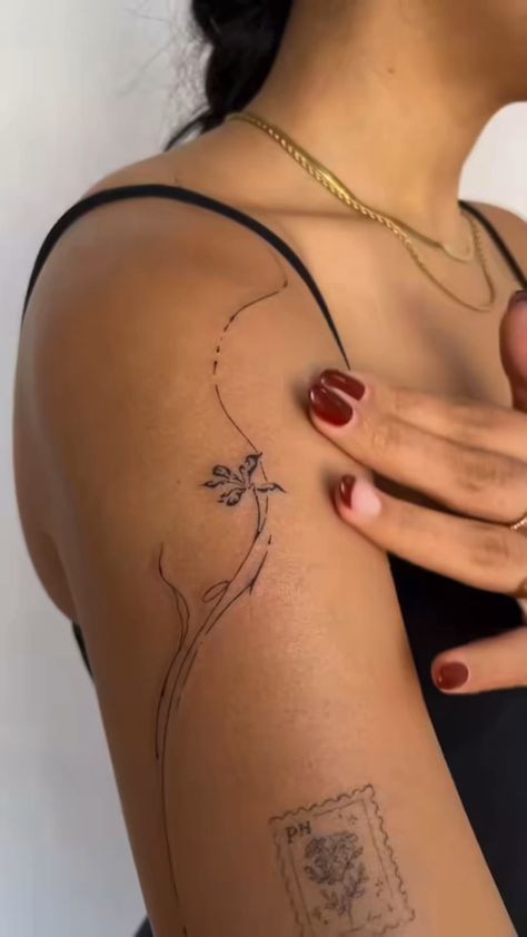 One Moment At A Time Tattoo, Flowing Flower Tattoos, Botanical Flow Tattoo, Flowy Flower Tattoo, Flow Line Tattoo, Dancing Flower Tattoo, Flowing Tattoos, Go With The Flow Tattoo, Flow Tattoo Ideas