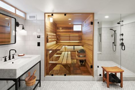 From unfinished Minneapolis basement to ultimate retreat, including sauna - StarTribune.com Basement Sauna, Basement Makeover, Outdoor Dining Spaces, Sauna Room, Unfinished Basement, Basement Bathroom, Steam Room, House Remodel, Home Spa