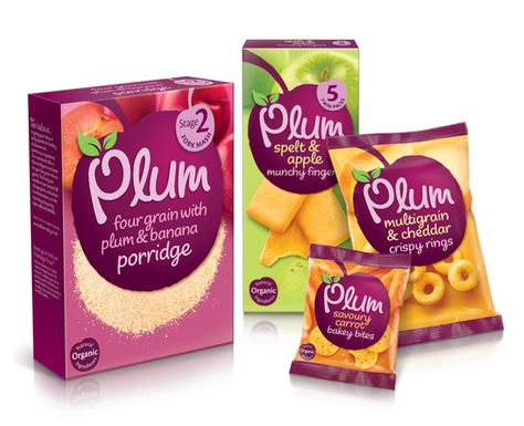 all the extra "stuff' surrounding the name/description of product & logo Plum Baby Food, Gourmet Packaging, Kids Packaging, Packaging Snack, Snack Packaging, Benefits Of Organic Food, Fruit Packaging, Plum Cake, New Identity