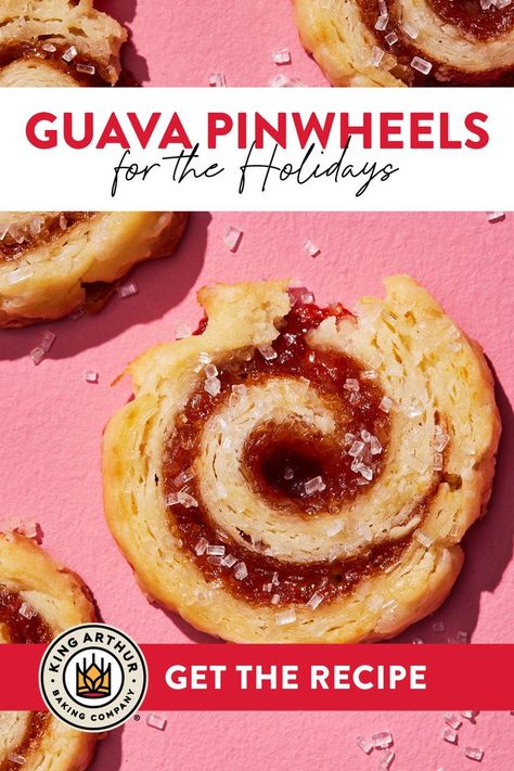 These jammy-yet-crisp cookies, which are akin to rugelach and palmiers, are inspired by the iconic Caribbean and Latin American combination of cream cheese and guava. The cream cheese in the dough makes the cookies simultaneously tender and flaky, while guava jam adds a ribbon of tropical sweetness and welcome acidity. The rolled-up approach gives this guava cookies recipe its namesake pink swirl. Guava Cookies, Guava Desserts, Cheese Dough, Recipes To Bake, 1 Cookies, Pinwheels Recipe, Guava Paste, Guava Jam, Pin Wheels