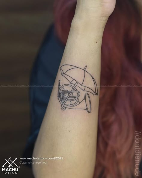 French Horn Tattoo, Himym Tattoo, Horn Tattoo, Snake Tattoo Meaning, Gorgeous Tattoos, Music Tattoo, Body Tattoo, French Horn, Custom Tattoo Design