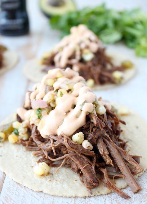 Crock Pot Brisket Tacos Recipe Brisket Tacos Crock Pot, Slow Cooker Brisket Tacos, Brisket Tacos Recipe, Beef Brisket Tacos, Roasted Corn Salsa, Creamy Chipotle Sauce, Brisket Tacos, Slow Cooker Recipes Beef, Corn Salsa