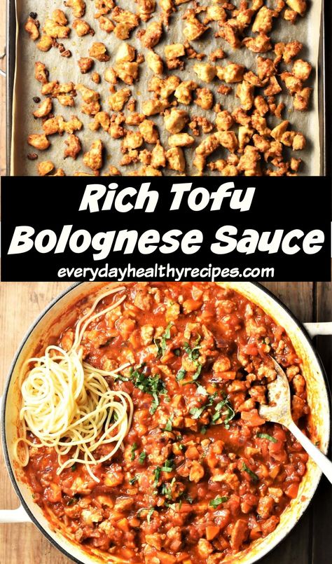 Baked crumbled tofu and tofu bolognese sauce with spaghetti in large round pan with spoon. Tofu Spaghetti Sauce, Tofu Bolognese Recipe, Tofu Spaghetti, Vege Meals, Bolognese Spaghetti, Daniel Fasting, Tofu Bolognese, Veggie Pasta Recipes, Cheap Vegan Meals