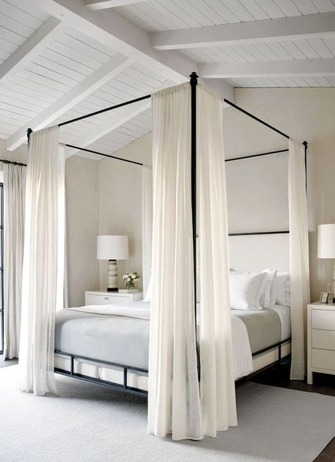 Master bedroom ideas for couples. White canopy with sheer curtains. Romantic beautiful master bedroom. Modern Canopy Bed, Iron Canopy Bed, Beautiful Bed Designs, Bedroom Paint Colors Master, All White Bedroom, Canopy Bed Curtains, White Bedroom Design, Bed Design Modern, Couple Bedroom