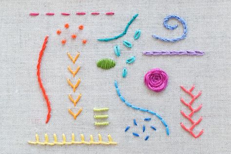 Learning hand embroidery is fun and easy with these 15 essential stitches for beginners and experienced stitchers! Basic Hand Embroidery Stitches, Embroidery Stitches Tutorial, Pola Sulam, Learn Embroidery, Brazilian Embroidery, Folk Embroidery, Simple Embroidery, 자수 디자인, Silk Ribbon Embroidery