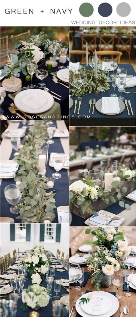 30+ Sage Green Wedding Color Ideas for 2020 | Roses & Rings - Part 2 Blue Wedding Table Decor, Blue And Greenery Wedding, Navy Blue Wedding Table, Blue Wedding Table, Navy Wedding Colors, Sage Green Wedding Colors, Greenery Wedding Centerpieces, Wedding Table Decor Ideas, Greenery Wedding Ideas