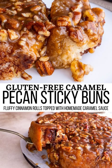 Gluten-Free Caramel Pecan Sticky Buns feature delicious layers of cinnamon rolls with a buttery homemade caramel sauce and crunchy pecans. This blissful recipe is the perfect holiday breakfast or treat for special occasions! #glutenfree #cinnamonrolls #stickybuns Caramel Pecan Sticky Buns, Gluten Free Pecan, Pecan Sticky Buns, Gluten Free Cinnamon Rolls, Homemade Cinnamon Rolls, Homemade Caramel Sauce, Gluten Free Sweet, Crunchy Pecans, Caramel Pecan