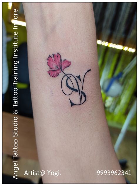 Initials S and V with colour flower tattoo design by Angel Tattoo Studio indore S A Tattoo Letter Design, S And V Tattoo, S V Tattoo, Vs Initial Logo, S Tatoos Letter Design, S V Letter Design, V Letter Tattoo Designs For Women, Sv Letter Tattoo, Vs Tattoo Designs