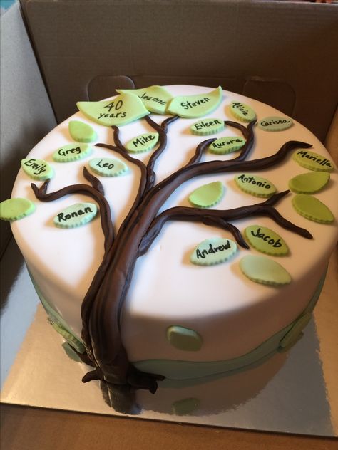 Family tree cake Family Tree Birthday Cake, Family Tree Cake Ideas, Family Reunion Cakes Design, Grandpa Birthday Cake, Family Reunion Cakes, Family Tree Cakes, Easy Birthday Desserts, Tree Stump Cake, Chandelier Cake