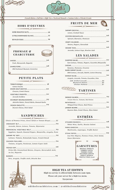 French Menu Template, French Bistro Menu Ideas, Dinner Menu Restaurant, Bistro Menu Food, French Bistro Menu Design, French Restaurant Food, French Wedding Menu Ideas, French Cafe Menu Design, French Menu Card