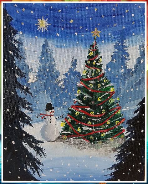 Christmas Art Artwork, Xmas Painting Ideas Canvas Art, Christmas Oil Paintings On Canvas, Winter Painting On Canvas, Christmas Tree Paintings On Canvas, Canvas Painting Christmas Ideas, Acrylic Painting Christmas Ideas, Christmas Present Painting, Christmas Acrylic Painting Ideas