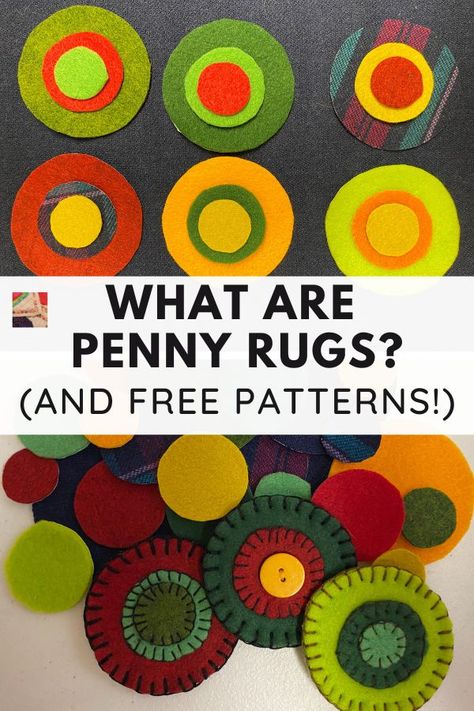 What is a penny rug? It's not a rug! Learn the history of penny rugs and find many free penny rug patterns, both old and new designs. Wool Penny Rug Patterns Free Printable, Penny Rugs Tutorial, Penny Rugs Primitive, Wool Penny Rugs, Wool Applique Patterns Templates Free Printable Penny Rugs, Wool Penny Ideas, Primitive Rug Hooking Patterns Free, Wool Applique Patterns Free, Penny Rugs Patterns Free