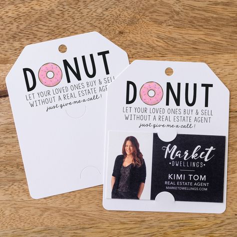 Attach this tag to a box or bag of donuts and have the happiest clients on the block! Memorable and thoughtful pop by to keep you top of mind! - This is a physical tag, NOT a digital download. - Click thru listing images to view color palette- Fits a standard 2in by 3.5in business card- Item is printed 80lb Card Stock- Donut Pop, Donut Gift Tag, Real Estate Marketing Gifts, Real Estate Client Gifts, Promote Business, Donut Gifts, Real Estate Agent Gift, Real Estate Agent Marketing, Marketing Gift