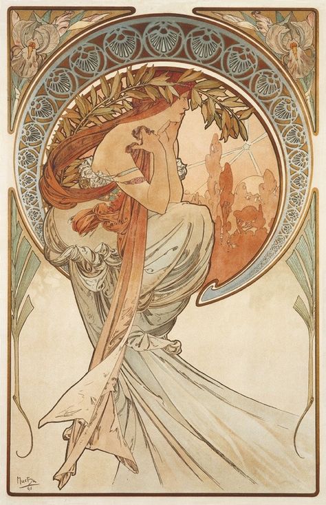 alphonse mucha, 1898 Art Nouveau Painting, Alfons Maria Mucha, Art Nouveau Mucha, Poetry Posters, Illustration Art Nouveau, Alphonse Mucha Art, Monet Poster, Nouveau Illustration, Mucha Art