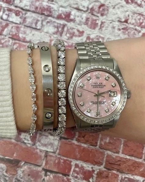 Pink Diamond Rolex, Pink Face Rolex Watch, Pink Rolex Watch Diamonds, Watch Layered With Bracelets, Pink Rolex Watch, Watch And Bracelet Stack, Watch Bracelet Stack, Rolex Pink, Watches Pink