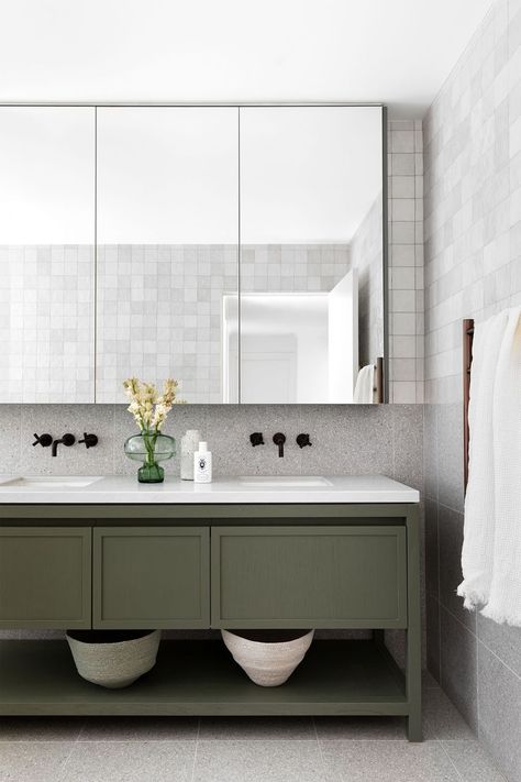 Modern bathroom design with earthy green vanity. Terrazzo Bathroom, Green Bathroom Vanity, The Colour Green, Modern Entrance Door, Shaker Vanity, Green Vanity, Loft Bathroom, Farmhouse Renovation, Homes To Love