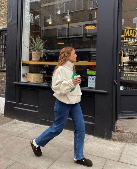 Chilly Day Outfit Spring, Socks And Birks Outfit, Clogs And Socks Outfit, Farmers Market Outfit Spring, Birkenstock Mules Outfit, Chilly Spring Outfits Casual, Birkenstock Outfit Women, Chilly Spring Outfits, Clogs With Socks Outfit