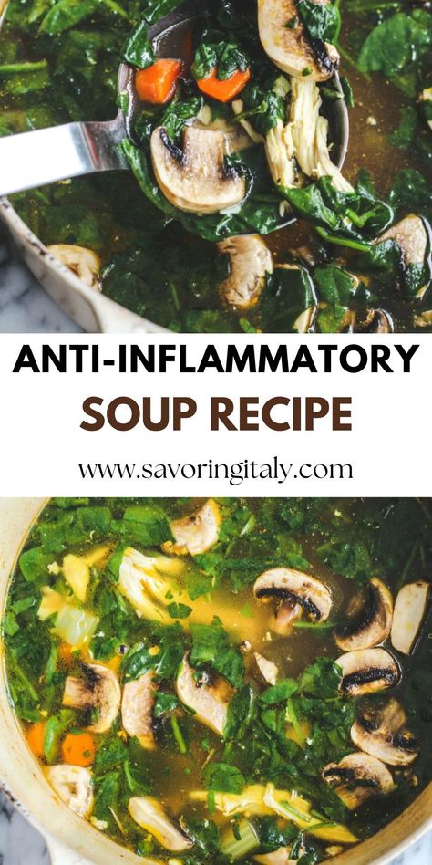 This anti inflammatory soup is packed with nutrients and warming spices, making it perfect for a winter's night. With its fresh flavor and comforting texture, this soup is sure to be a hit at your next dinner party. Rich in antioxidants and minerals, this delicious soup will help boost immunity and reduce inflammation. Enjoy! Soups For Bland Diet, Anti Inflammation Diet Soup, Soup For Inflammation, Soups For Immune System, Debloat Soup Recipe, Top Anti Inflammation Foods, Soups For Nausea, Soup For Stomach Ache, Anti Immflamatory Soups