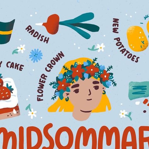 Midsummer Illustration, Midsommar Celebration, Event Poster, Food Illustrations, Flower Cake, Flower Crown, Character Illustration, Color Palette, Celebrities