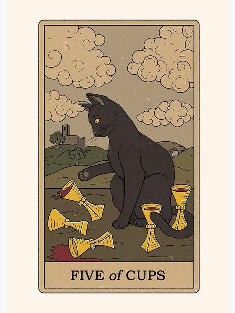 Five Of Cups, Cups Tarot, Magic Cat, Tarot Cards Art, Cup Art, Tarot Art, Retro Cats, Cat Cards, Tarot Card