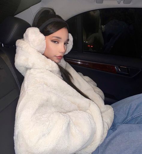 White Fuzzy Hat Outfit, Winter Fluffy Outfits, Fluffy Hoodie Outfit, White Fluffy Jacket Outfit, Fur Hoodie Outfit, Fuzzy Jacket Outfit, Fluffy Jacket Outfit, Winter Ear Muffs, White Jacket Outfit