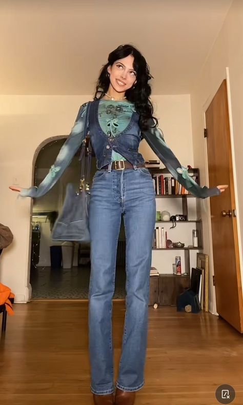 Satc Outfits Fall, Wide Leg Jeans Outfit Going Out, Bra And Shirt Outfit, Medieval Inspired Outfits Modern, Corset Outfit Casual Jeans, Jeans And Scarf Outfit, Tight Vest Outfit, Whimsigoth Jeans Outfit, Jean Vest Outfits Winter