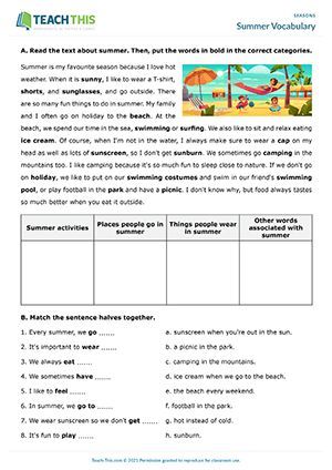 ESL Summer Worksheet - Reading, Matching, Writing and Speaking Activity - Elementary (A1-A2) - 25 minutes In this summer vocabulary worksheet, students learn and practice common words associated with summer. Summer Vocabulary Worksheet, Summer Holidays Worksheet, Summer Vacation Worksheet, Summer Reading Comprehension, Summer Holiday Activities, Speaking Activities English, Summer School Activities, Summer Vocabulary, Speaking Activity