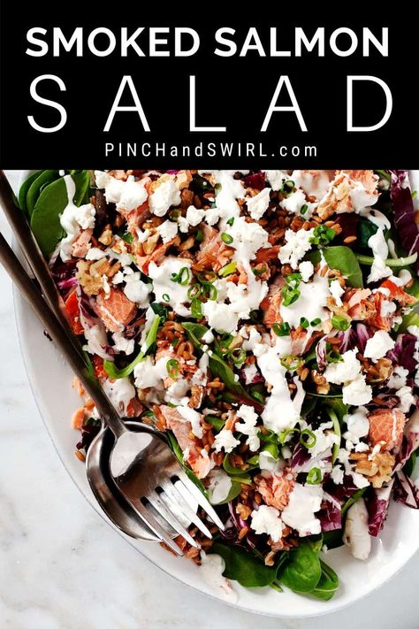 Of the Smoked Salmon Salad recipes I've made, this is my favorite! Served cold, it's a healthy, easy salad that's perfect for an easy lunch or brunch dish! Made with farro and goat cheese, but you can easily swap in quinoa (for gluten free diets) and feta if you're not a fan of goat cheese. Perfect with a little avocado added too! Recipes With Cold Smoked Salmon, Smoked Salmon Salad Recipes, Outdoor Dining Ideas, Smoked Salmon Salad, Crab Salad Recipe, Salmon Salad Recipes, Scandinavian Recipes, Smoked Salmon Recipes, Seafood Salad