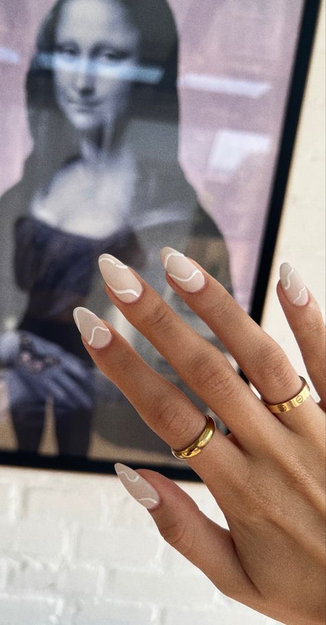 #white#nails#inspo Nails To Go With Tan Dress, Nails With A White Dress, Coconut White Nails, Tan Nails With White Lines, White And Tan Acrylic Nails, Simple Cream Nail Designs, Cream And White French Tip Nails, Neutral Nails White Design, White Nails With French Tip Color