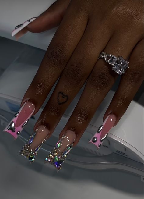 Duck Shape Nails French Tip, Chrome Duck Nails Acrylic, Long French Tip Nails With Charms, Medium Long Duck Nails, Long Duck Nails French Tip, Junky Long Nails, Tapered Duck Nails Long, Extra Long Duck Nails, Pink Duck Nails Acrylic