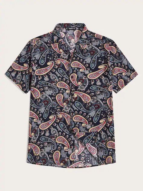 Cotton Paisley Print Shirt With Spread Collar, Casual Multicolor Paisley Print Shirt, Cotton Paisley Print Short Sleeve Shirt, Summer Paisley Print Button-up Shirt, Patterned Paisley Print Button-up Top, Paisley Print Shirt, Printed Shirts Men, Revere Collar, Ethnic Print