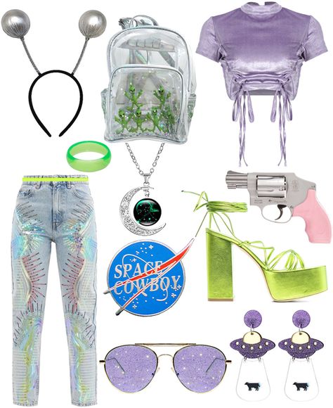 Space Cowgirl Outfit | ShopLook Galactic Theme Outfit, Cowboy Alien Costume, Space Princess Outfit, Aliens And Cowboys Theme, Outer Space Theme Outfit, Space Party Aesthetic, Space Outfit Ideas Party, Alien Cowgirl Costume, Alien Bachelorette Party