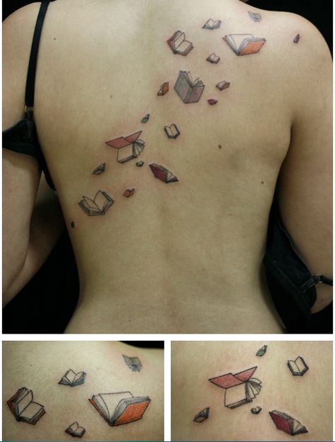 This is so much better than the birds, feathers, or leaves: Books tatt. Book And Birds Tattoo, Bird Book Tattoo, Tattoos About Books Reading, Book Into Birds Tattoo, Book With Pages Flying Out Tattoo, Book Themed Tattoos, Books Tattoo, Book Wizard, Book Tattoos