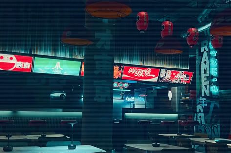 Cyberpunk Bar, Japanese Cocktails, Ramen Bar, Cyberpunk 2020, Noodle Bar, Pub Design, Neo Tokyo, Bar Scene, Granville Island